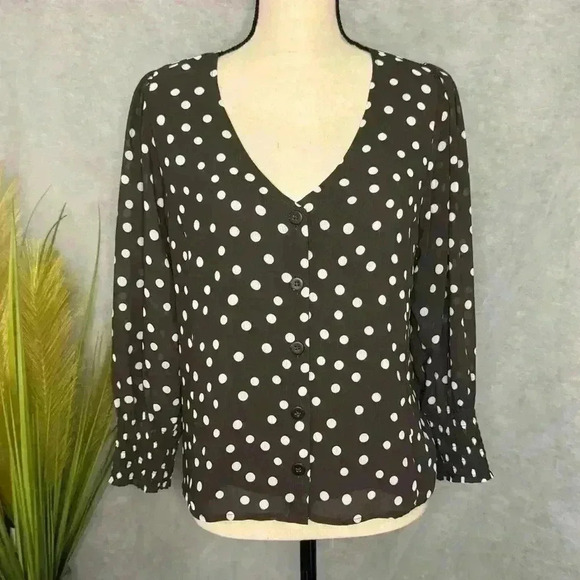 Madewell Black & White Polka V-Neck Long Smocked Sleeve Pullover Blouse Size 4 - Picture 1 of 11